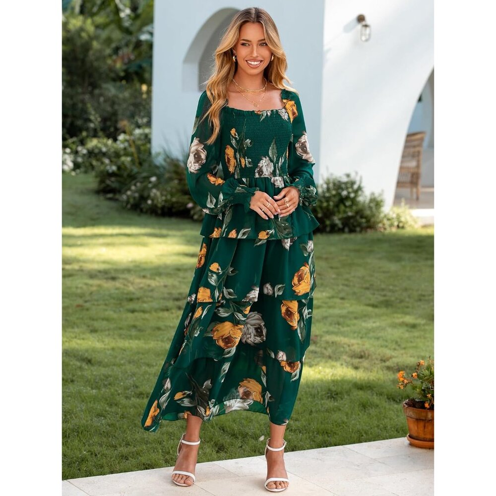 Women's Floral Long Sleeve Maxi Dress Smocked Tiered Square Neck Fall Boho - Picture 4 of 6